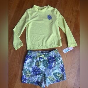 NEW Carter’s Boy Swim Trunks & Long Sleeve Rash Guard Size 5T Tropical Frog